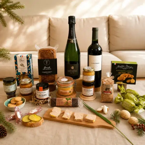 Présentation d'un coffret gourmand haut de gamme disposé sur une table claire dans une ambiance chaleureuse de fin d'année. Au centre se trouvent une bouteille de champagne et une bouteille de vin rouge entourées de nombreuses spécialités artisanales sucrées et salées. On distingue notamment du foie gras, des rillettes de Saint-Jacques, des biscuits apéritifs, des condiments, du pain d'épices, des confiseries et plusieurs douceurs sucrées. Quelques toasts garnis sont présentés au premier plan sur une planche en bois. Des branches de sapin et une décoration lumineuse complètent la mise en scène festive.