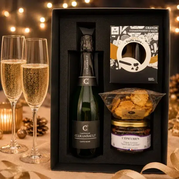 Coffret cadeau prestige composé d'un champagne Clérambault, d'un crayon d'assaisonnement à la truffe noire, d'une figue noire de Caromb et de biscuits apéritifs dans une élégante box noire.