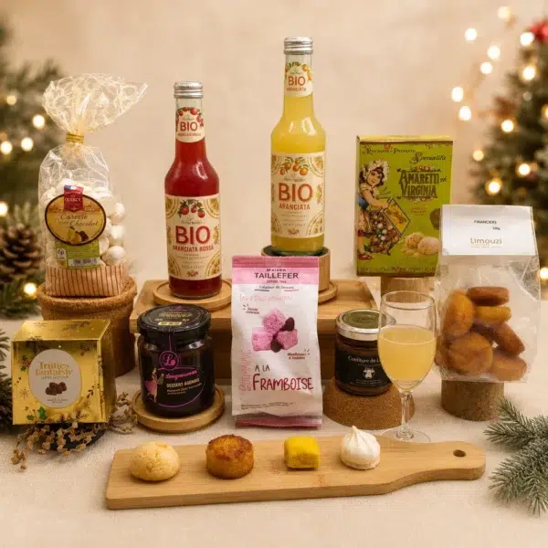Cadeau Gourmand Le Goûter des Fêtes composé de limonades BIO italiennes, amaretti, financiers, meringues poire chocolat, truffes citron, guimauves framboise et confiture de lait artisanale.