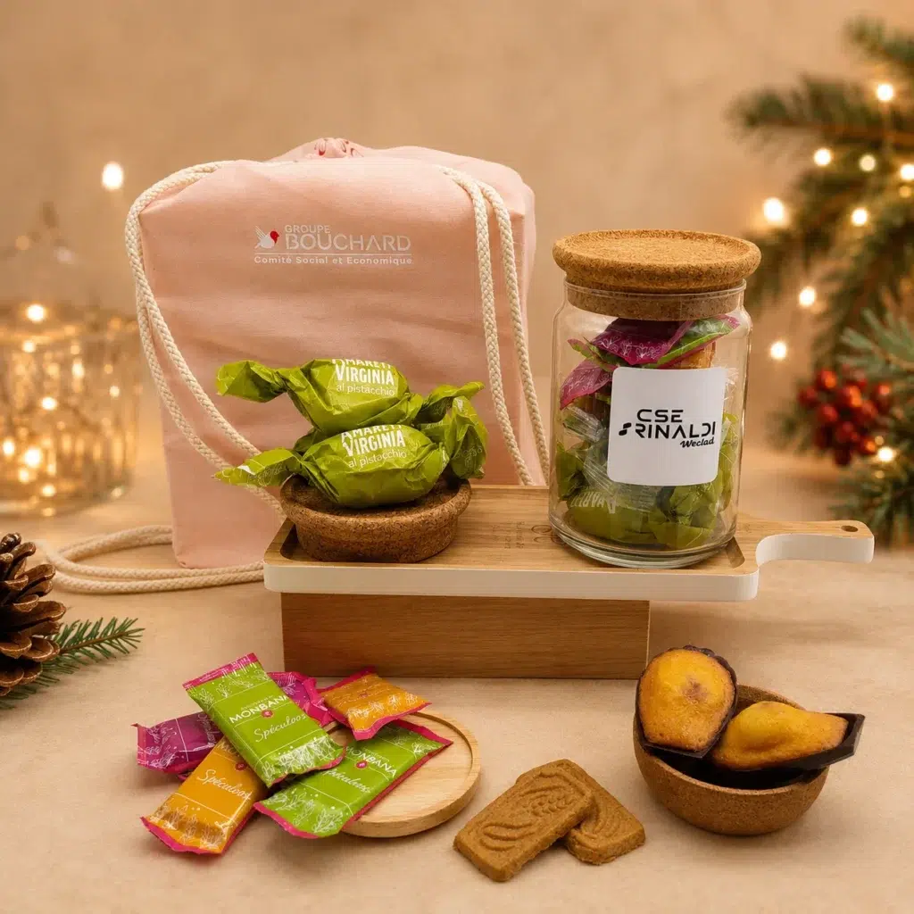 Cadeau Gourmand – Sous le Sapin avec sac coton BIO personnalisable, bocal en verre réutilisable, amaretti pistache, madeleines pistache et spéculoos dans une ambiance de Noël.