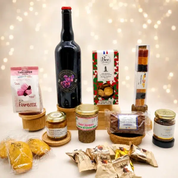 Cadeau Gourmand – Tradition Pétillante avec jus de raisin pétillant BIO sans alcool, spécialités apéritives, pain d’épices, pâtes de fruits et douceurs de Noël.