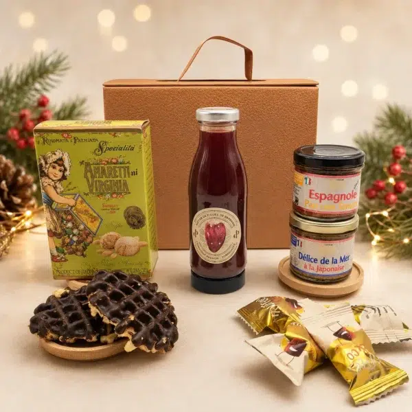 Cadeau Gourmand – L’Inattendu avec nectar BIO de figue de Barbarie, tartinables originaux, amaretti italiens et gaufres artisanales au chocolat noir.