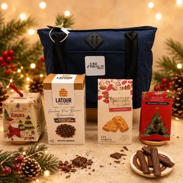 Cadeau Gourmand – Douceurs à Emporter avec sac isotherme réutilisable, panettone, gaufres artisanales au chocolat, sablés aux pralines roses et bûches chocolatées.