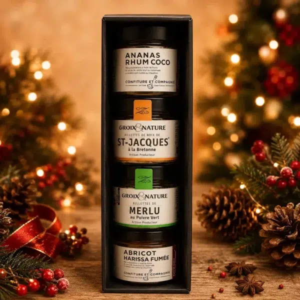 Coffret Gourmand – Quatre Accords avec rillettes de Saint-Jacques, merlu au poivre vert et créations fruitées ananas-rhum-coco et abricot-harissa fumée.
