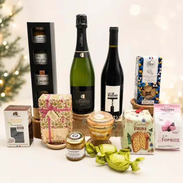 Coffret Gastronomique – L’Art de Recevoir avec champagne, vin rouge BIO, foie gras, assortiment apéritif, douceurs sucrées et coffret noir festif.