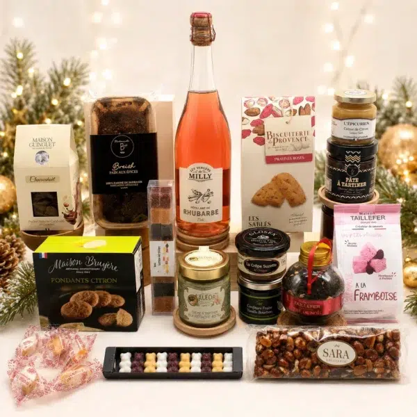 Photo d’un panier gourmand sucré sans alcool composé d’un pétillant de rhubarbe, biscuits artisanaux, pain d’épices, sablés aux pralines roses, crème à tartiner, confitures, thé de Noël, guimauves et gourmandises chocolatées, présenté dans une ambiance festive.