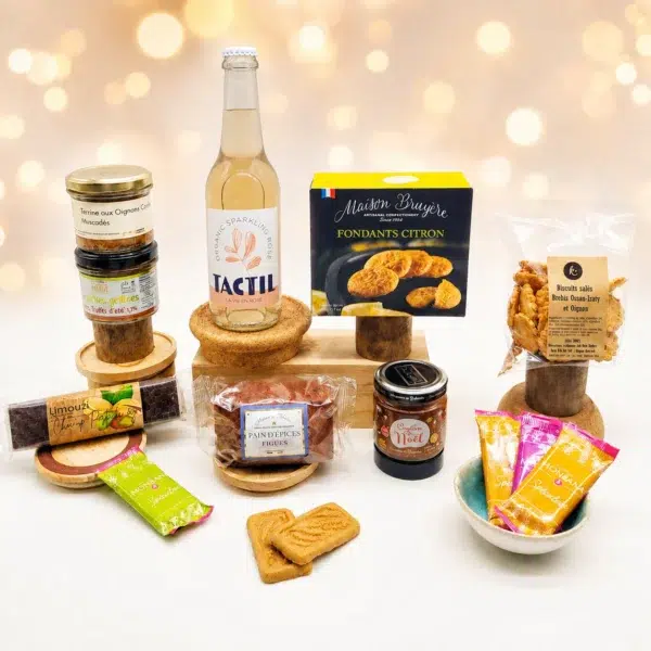 Coffret Gourmand – La Fête est Servie avec vin rosé pétillant BIO, tartinables apéritifs, biscuits salés, pain d’épices, chocolat pistache et douceurs de Noël.