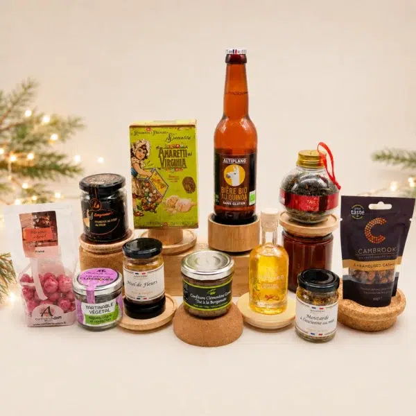 Coffret Gourmand – Plaisirs Sans Gluten avec bière bio au quinoa, tartare d’algues, moutarde au miel, confiture, miel, amaretti, thé de Noël et douceurs gourmandes.