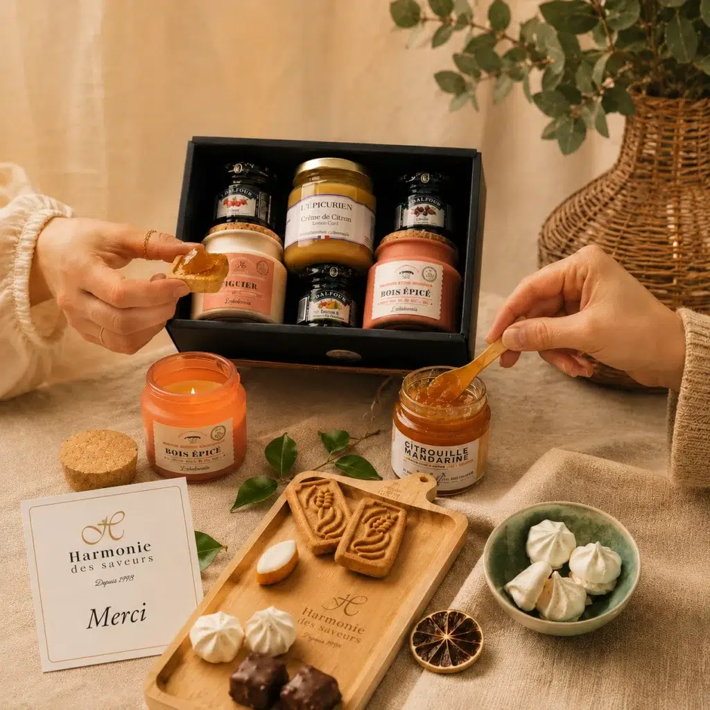 photo d'un desgustation avec un coffret gourmand des gourmandise et des mains qui serve à déguster