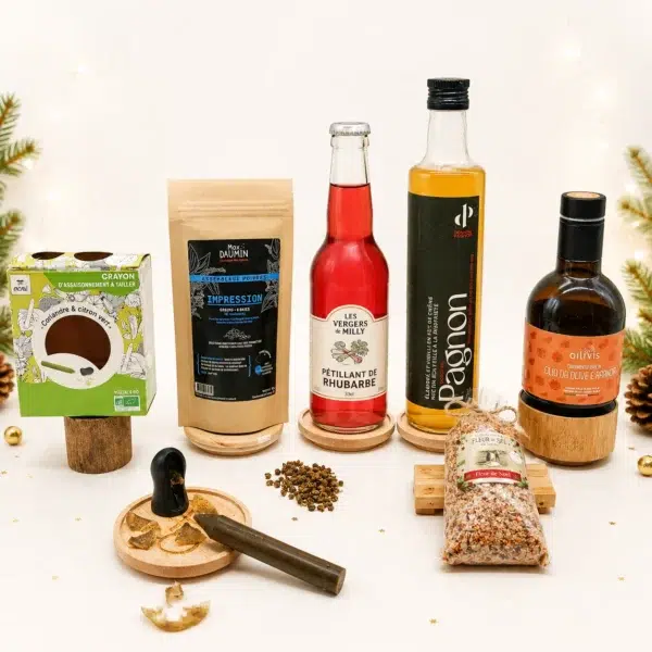 Sélection festive de condiments artisanaux, avec crayon d’assaisonnement, mélange de poivres, pétillant de rhubarbe, huiles et fleur de sel.