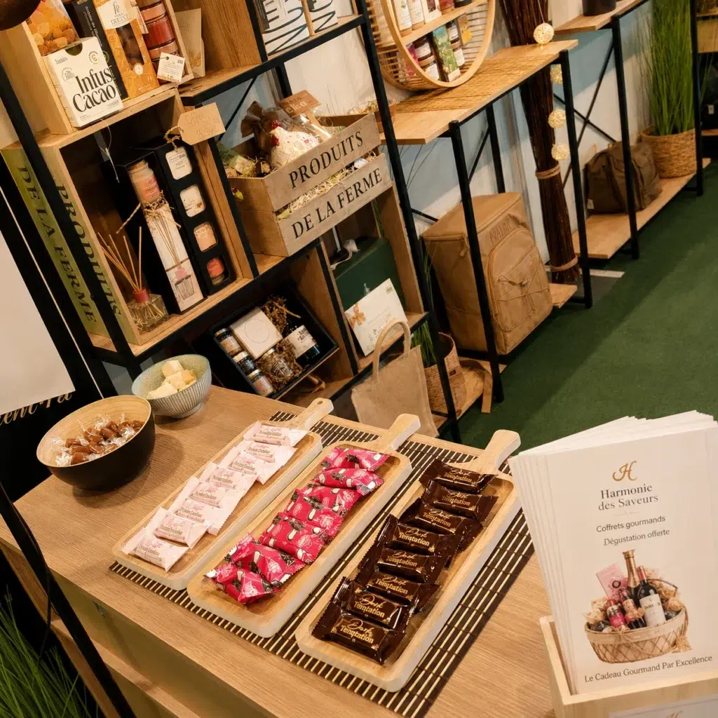 Espace dégustation et présentation de coffrets gourmands dans le showroom Harmonie des Saveurs