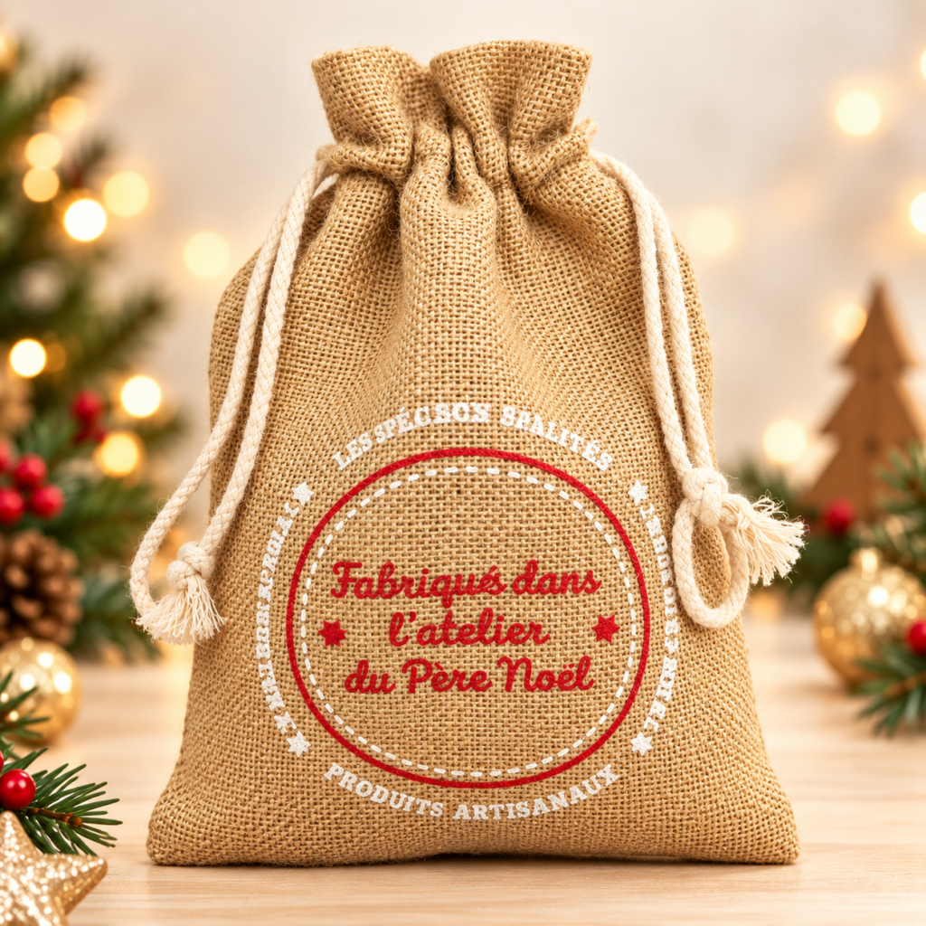 Sac en toile de jute fermé par des cordons blancs, posé sur une table en bois dans un décor de Noël flou, avec l’inscription rouge et blanche : « Fabriqué dans l’atelier du Père Noël