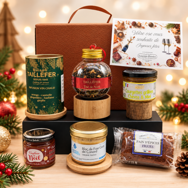 Coffret gourmand de Noël avec foie gras, thé, infusion, confiture, tartinable et pain d’épices.